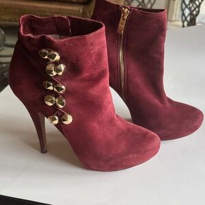 Vince Camuto Maroon Suede Heeled Boots with Gold Accents